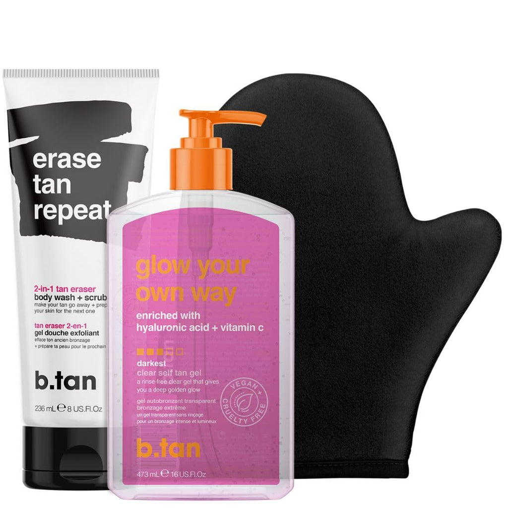 B.TAN Clear Self Tanning Gel & Exfoliating Kit | 1 Hour Express, Transfer-Resistant Dark Tan Bundle