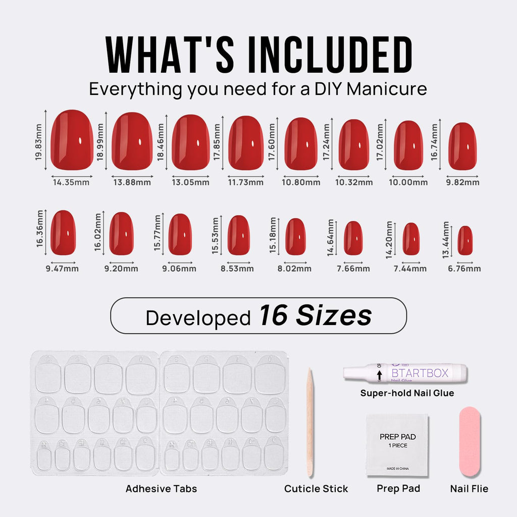 BTArtbox Short Red Press On Nails – Mulled Wine Gel Kit, 16 Sizes, Glue Included