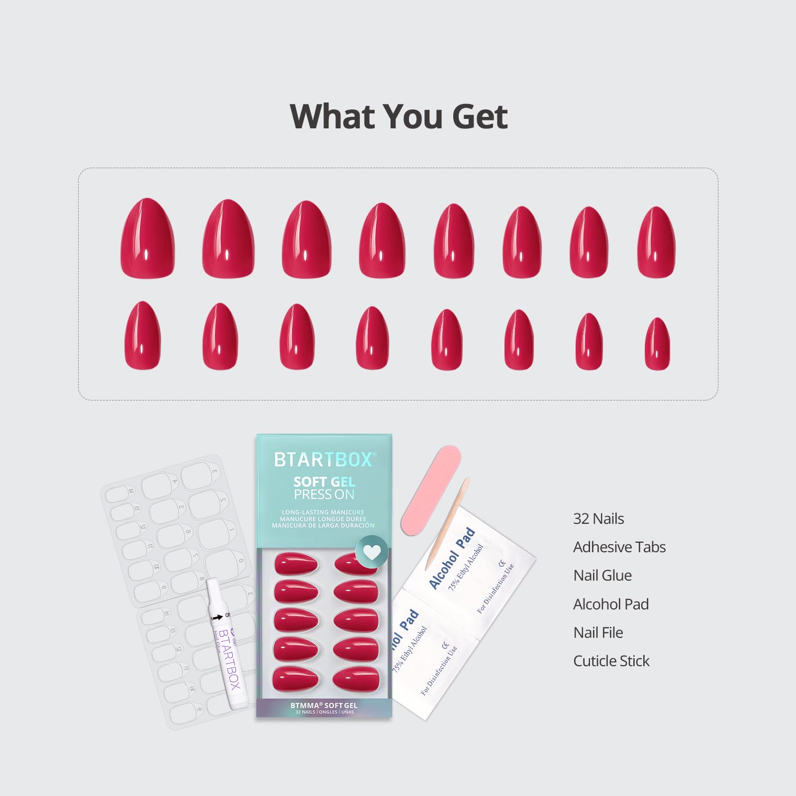 BTArtbox Press On Nails Almond – Raspberry Red Short, 32 Nails, 16 Sizes (Berry Blod)