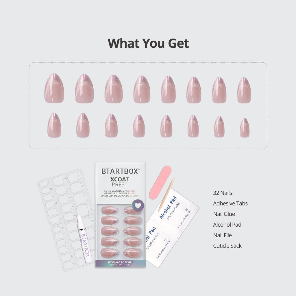BTArtbox Almond Press On Nails – Diamond Dust Cat Eye Chrome Tips, 32 Nails, 16 Sizes