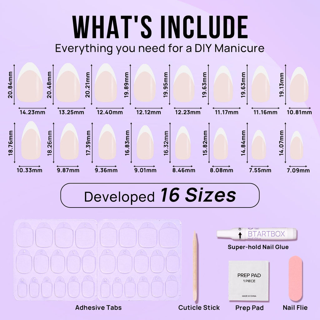 BTArtbox Short Almond French Tip Press On Nails – 32 Nails Kit with Glue, 16 Sizes