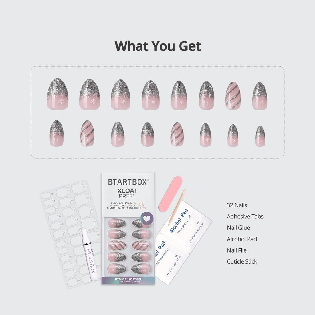 BTArtbox French Tip Press On Nails – Sparkle Bow, Lamp-Curable Short Almond Kit