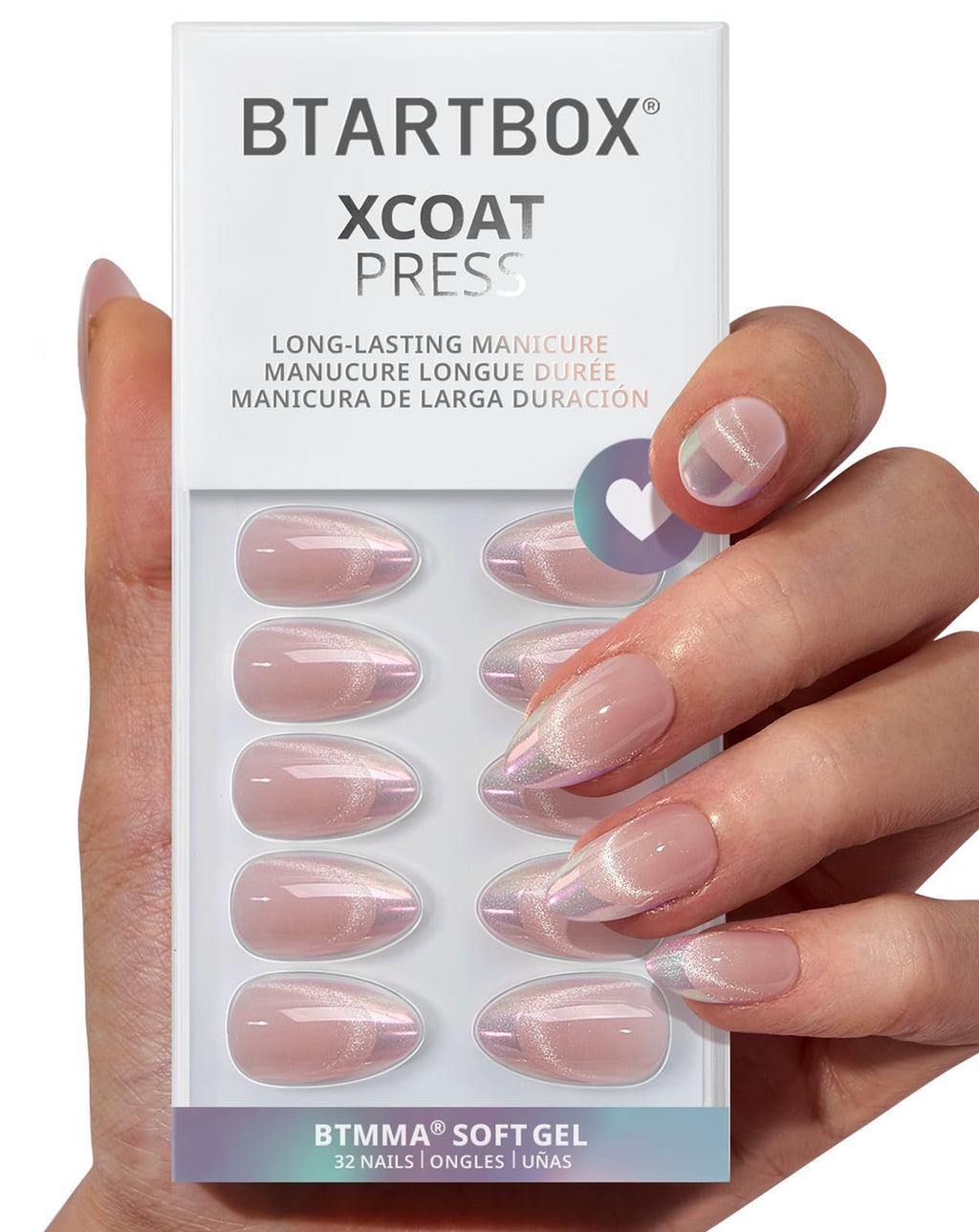 BTArtbox Almond Press On Nails – Diamond Dust Cat Eye Chrome Tips, 32 Nails, 16 Sizes