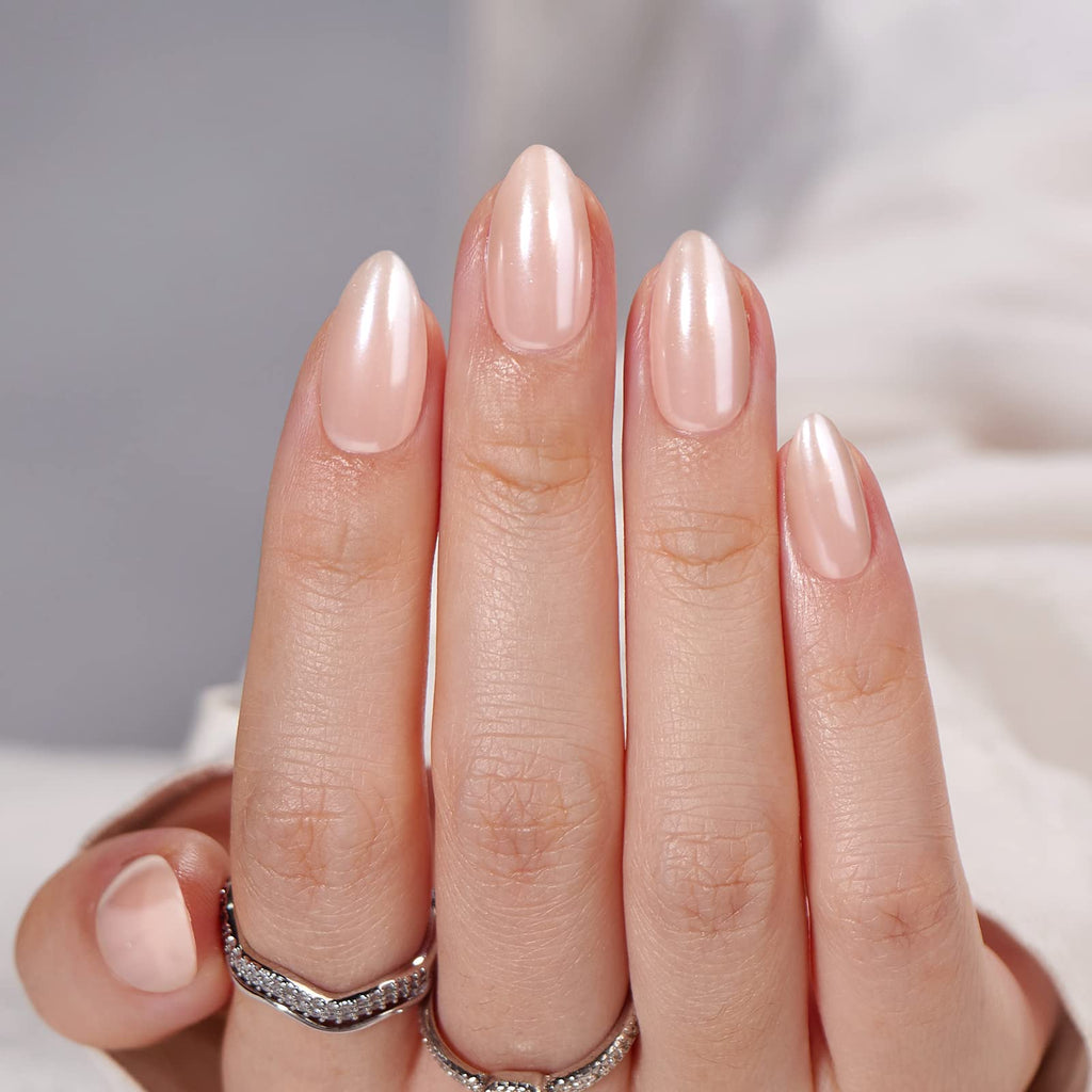 BTArtbox Almond Press On Nails Nudies – 30 Nails, 15 Sizes, Gel-Based, Glossy Nude