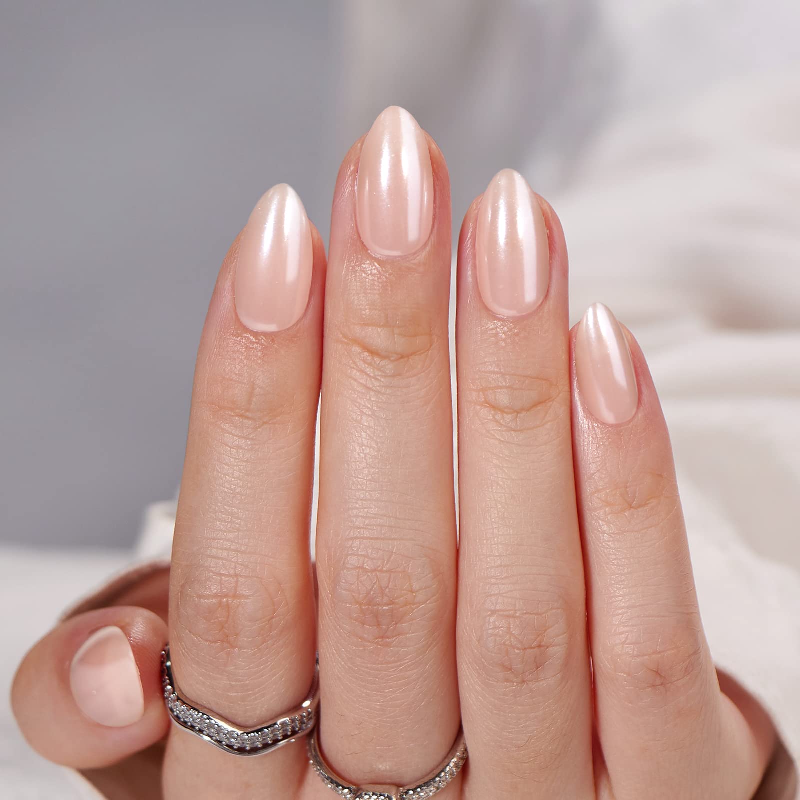 BTArtbox Almond Press On Nails Nudies – 30 Nails, 15 Sizes, Gel-Based, Glossy Nude