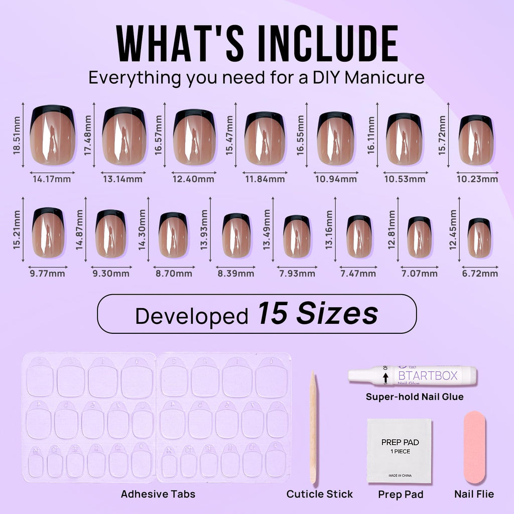 BTArtbox Braveheart Black Chrome French Tip Press-On Nails – Short Square, Glazed Finish, 30 Nails Kit