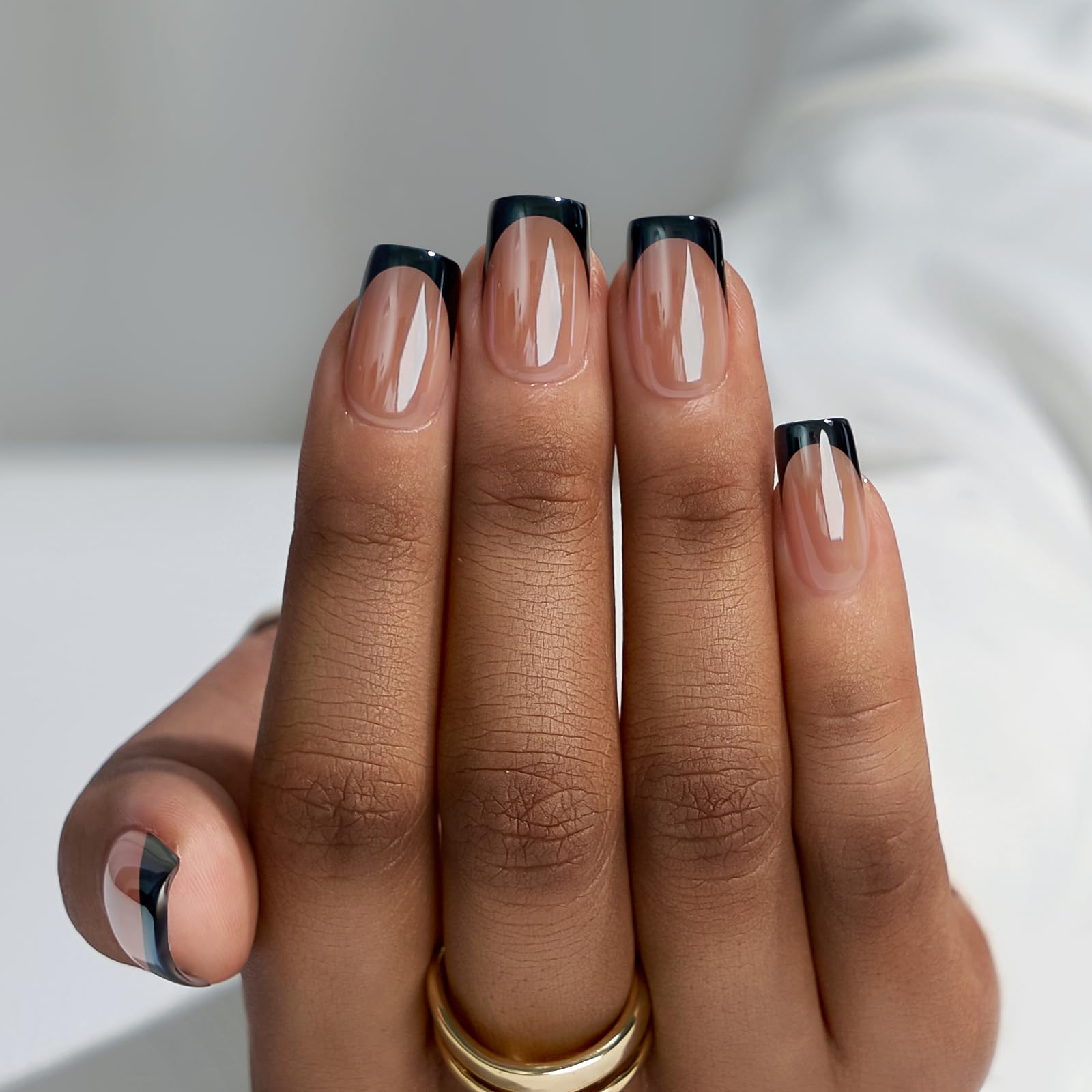 BTArtbox Braveheart Black Chrome French Tip Press-On Nails – Short Square, Glazed Finish, 30 Nails Kit