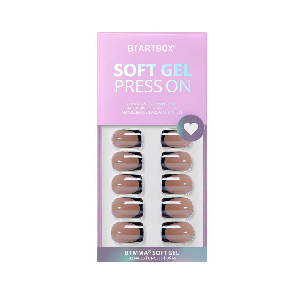 BTArtbox Braveheart Black Chrome French Tip Press-On Nails – Short Square, Glazed Finish, 30 Nails Kit