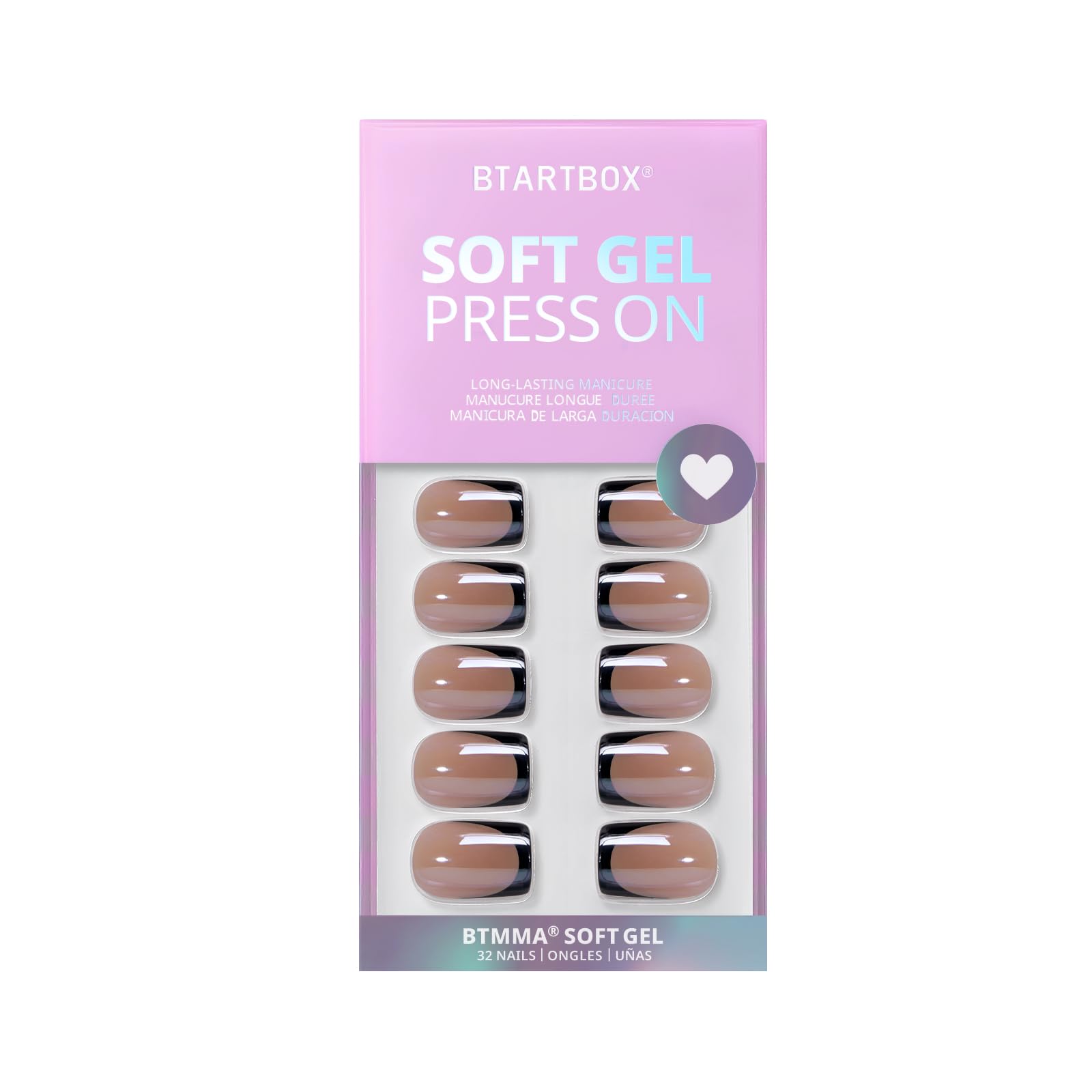 BTArtbox Braveheart Black Chrome French Tip Press-On Nails – Short Square, Glazed Finish, 30 Nails Kit