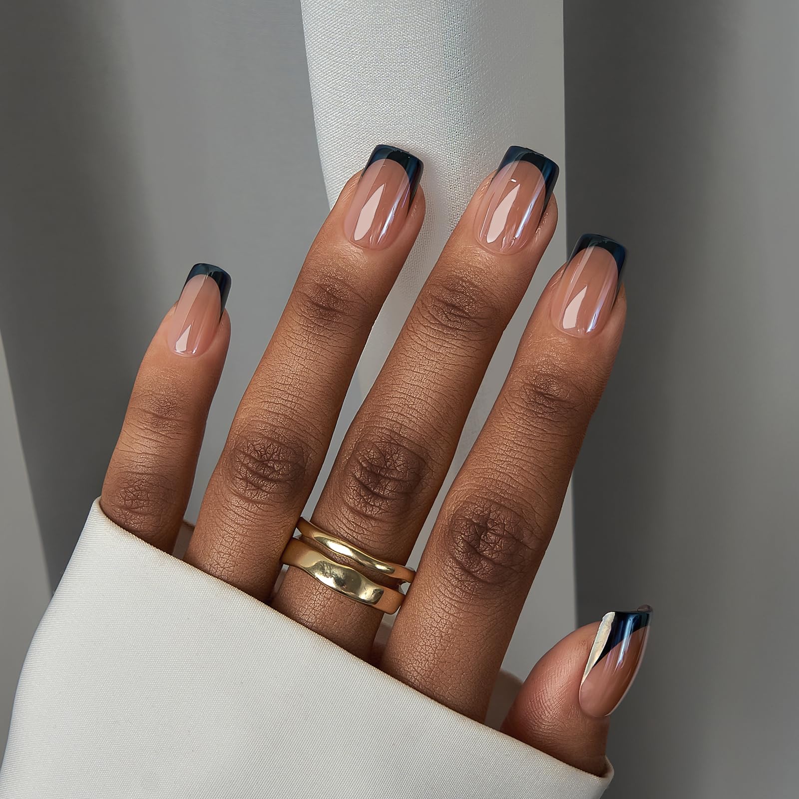 BTArtbox Braveheart Black Chrome French Tip Press-On Nails – Short Square, Glazed Finish, 30 Nails Kit