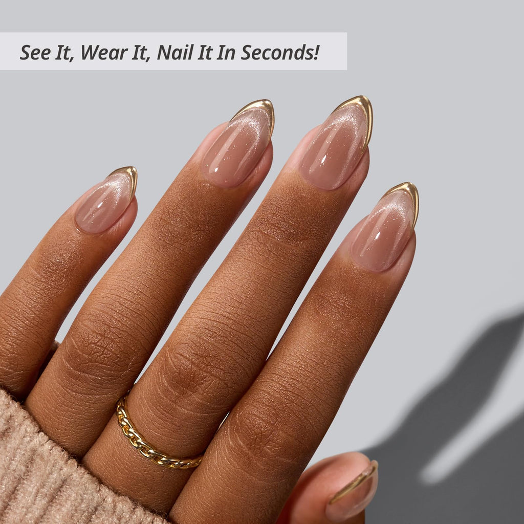 BTArtbox Press On Nails Short – Gold Drops Cat Eye Almond Kit (32 Nails, Glue & Tabs)