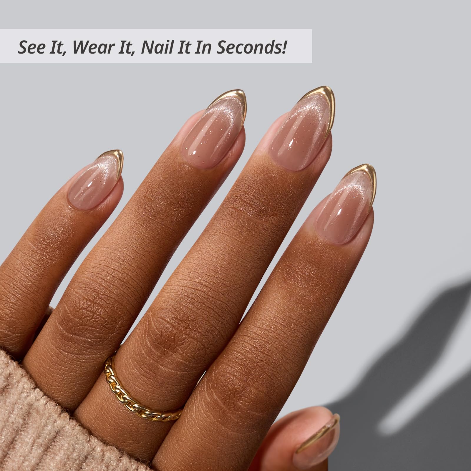 BTArtbox Press On Nails Short – Gold Drops Cat Eye Almond Kit (32 Nails, Glue & Tabs)