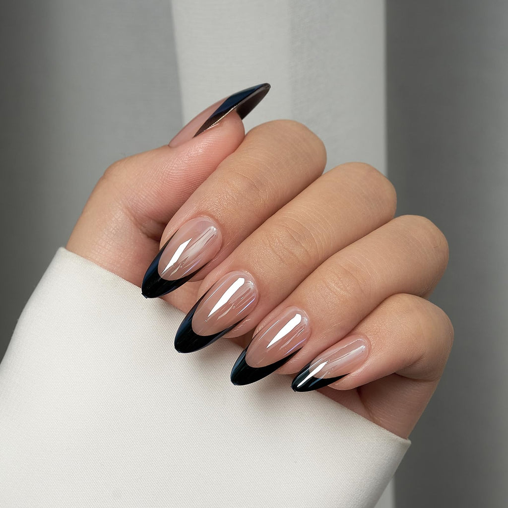 BTArtbox Black Swan French Tip Press-On Nails – Short Almond Kit (30 Nails, 15 Sizes)