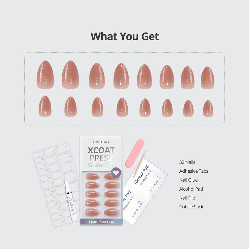 BTArtbox Press On Nails Short – Sparkly Almond, Citrine Glow, 32-Piece Kit with Glue
