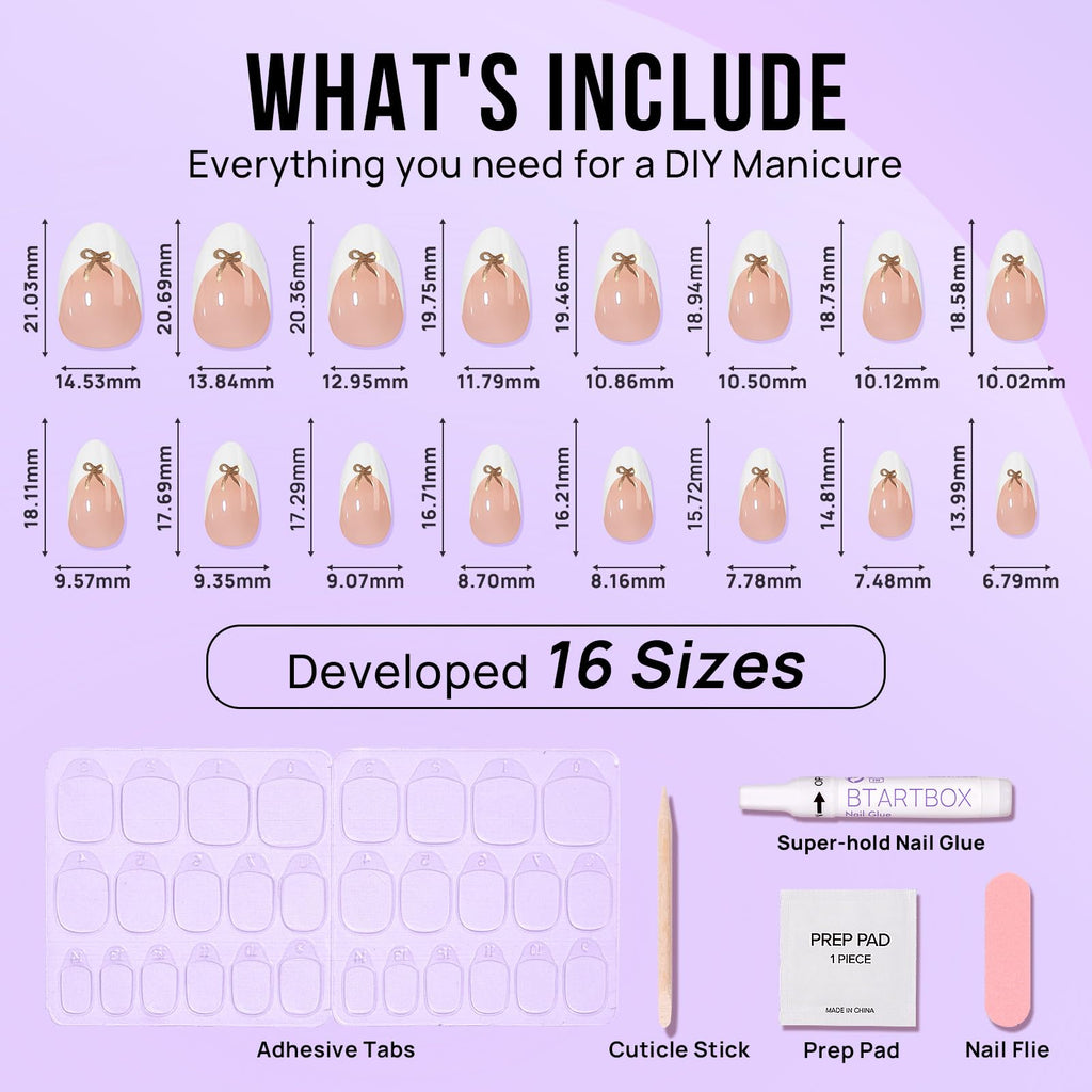 BTArtbox Press On Nails Short White French Tip with Bow – Almond, Glue-On, 16 Sizes