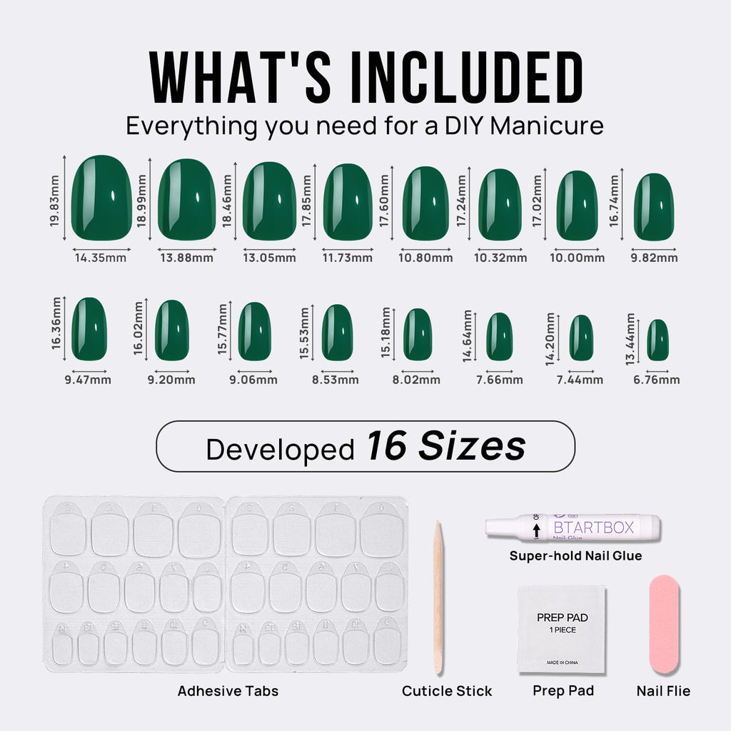 BTArtbox Press On Nails Short – Dark Green Short Oval Gel Nails (16 Sizes)