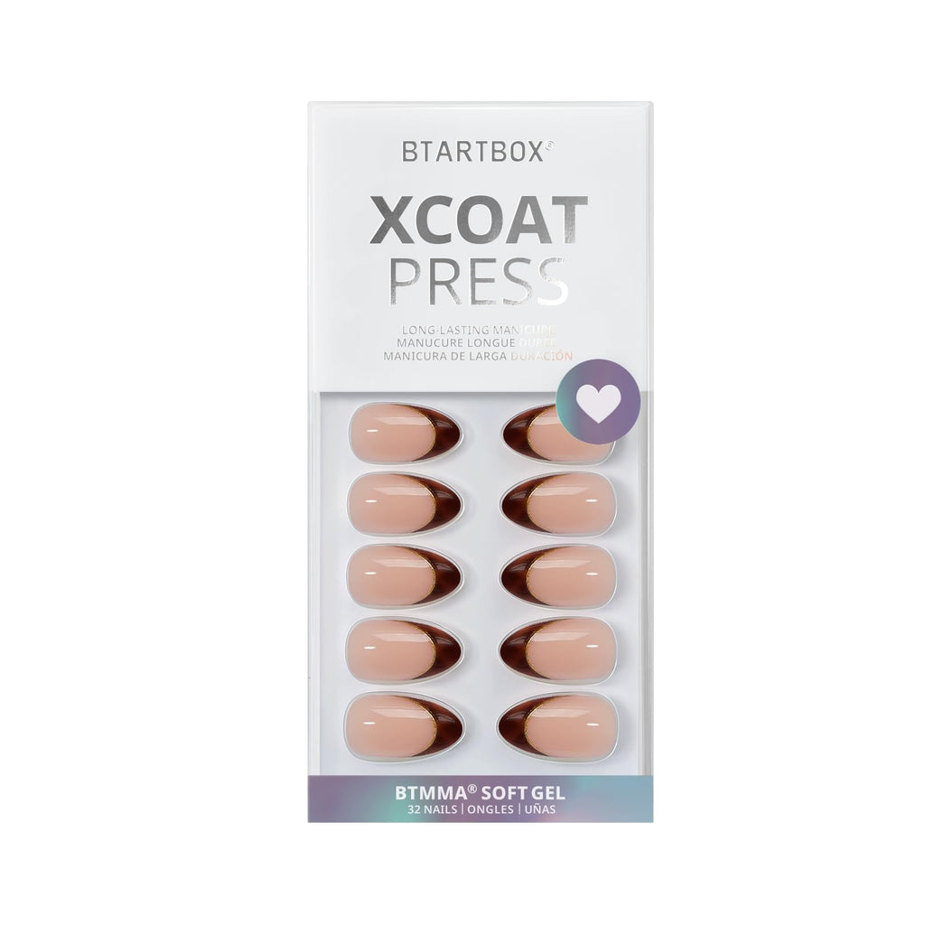 BTArtbox Press On Nails Short Almond - Tortoise Shell, Winter French Tip Press On Nails, Soft Gel Fake Nails Brown, Reusable Glue On Nails with Nail Glue in 16 Sizes, 32 Stick On Nail Kit