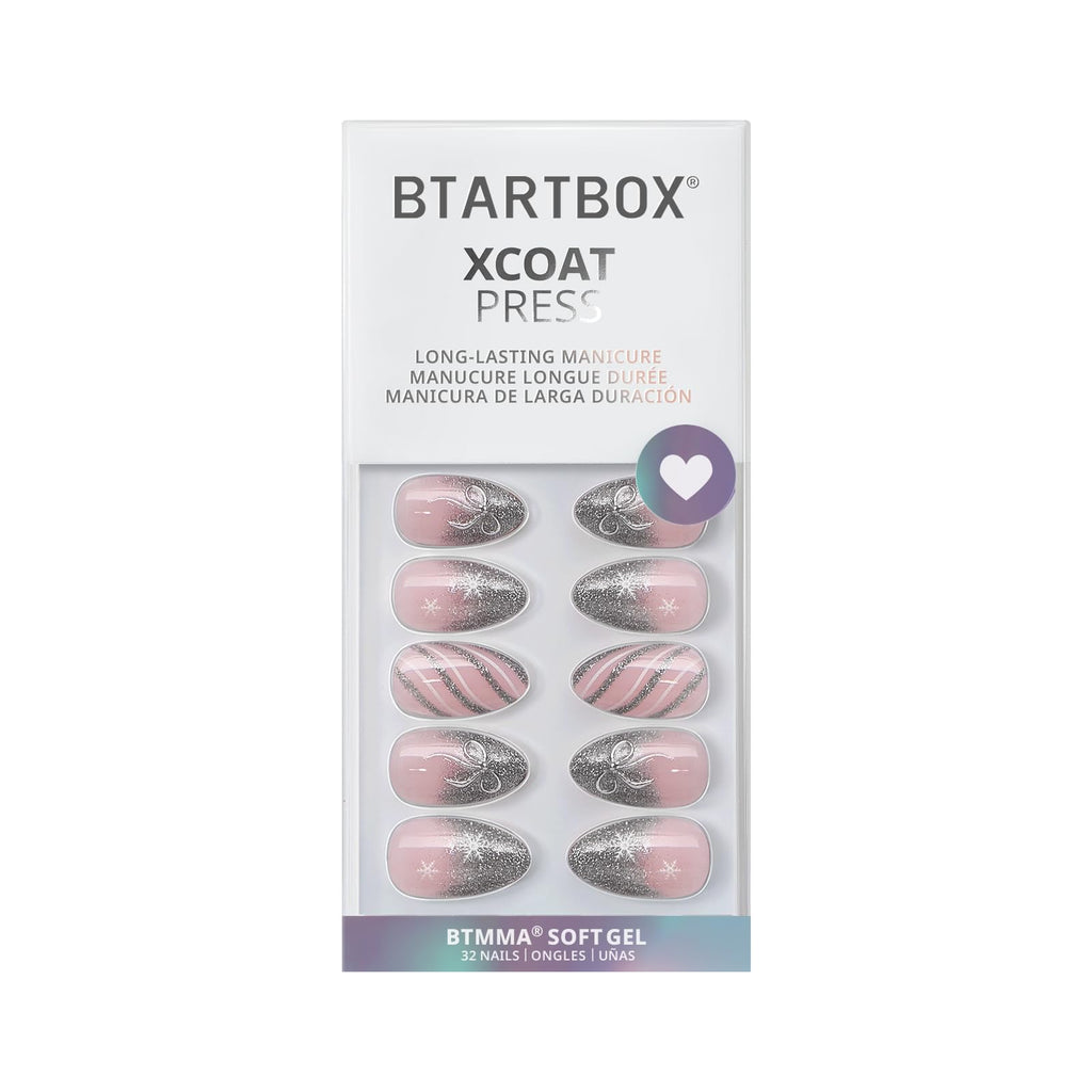 BTArtbox French Tip Press On Nails – Sparkle Bow, Lamp-Curable Short Almond Kit