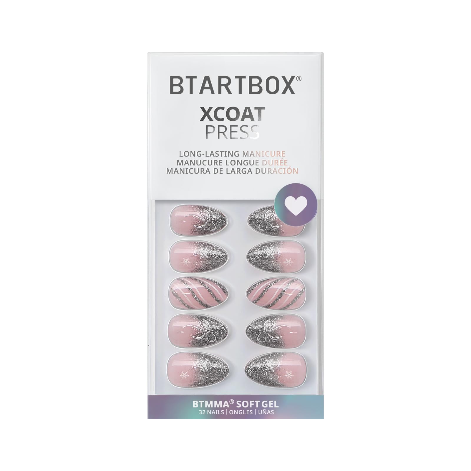 BTArtbox French Tip Press On Nails – Sparkle Bow, Lamp-Curable Short Almond Kit