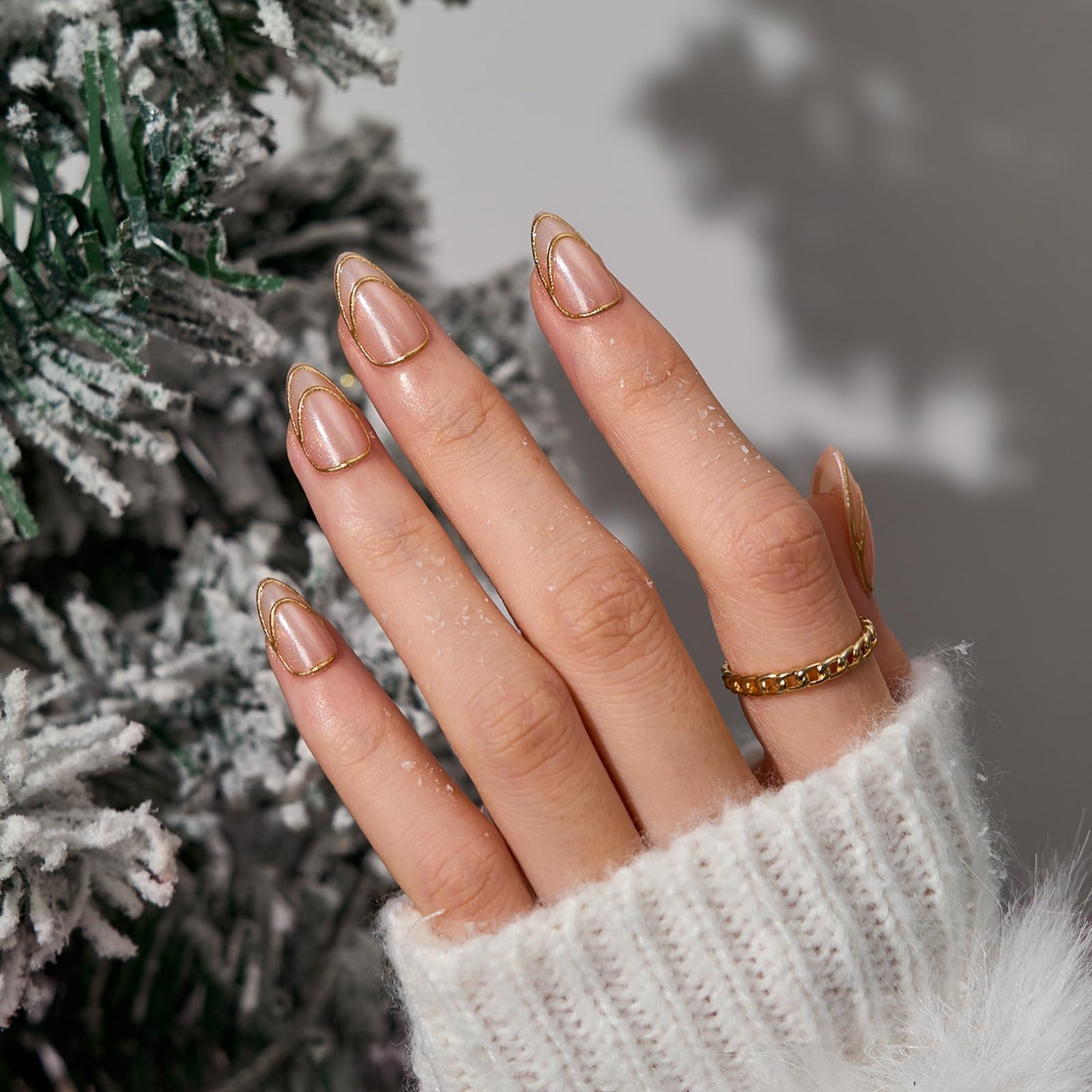 BTArtbox French Tip Press On Nails – Double Gold, Lamp-Curable 3D Gold Line, Short Almond Kit (32 Nails)