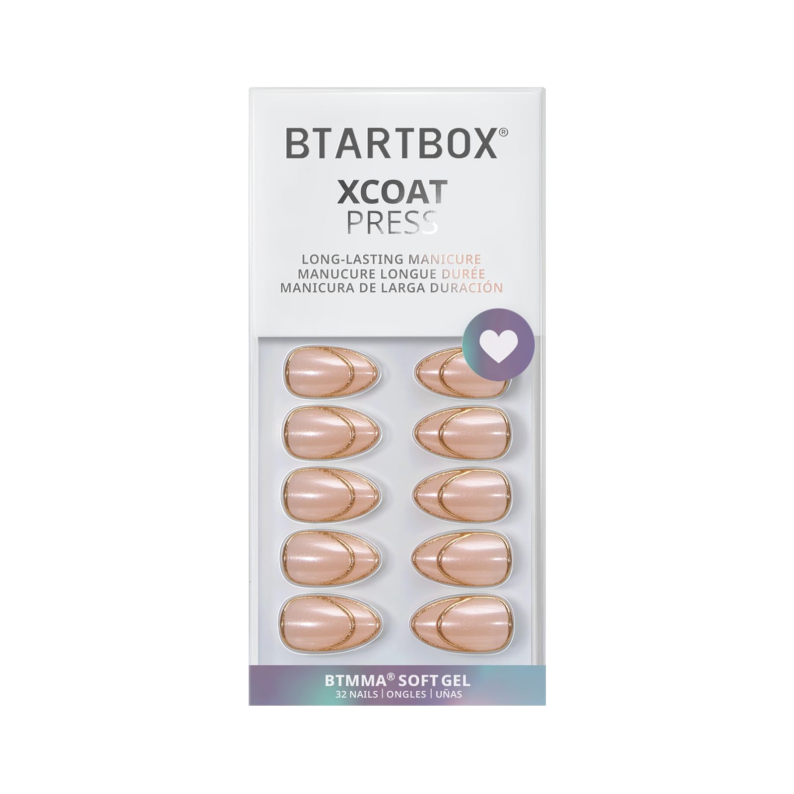 BTArtbox French Tip Press On Nails – Double Gold, Lamp-Curable 3D Gold Line, Short Almond Kit (32 Nails)
