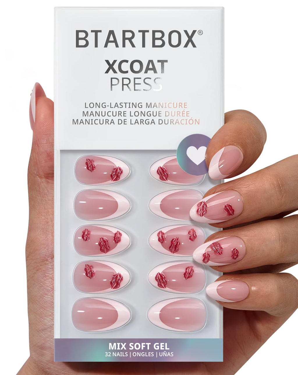BTArtbox French Tip Press On Nails - 3D Red Lips, Lamp-Curable Date Night Kit