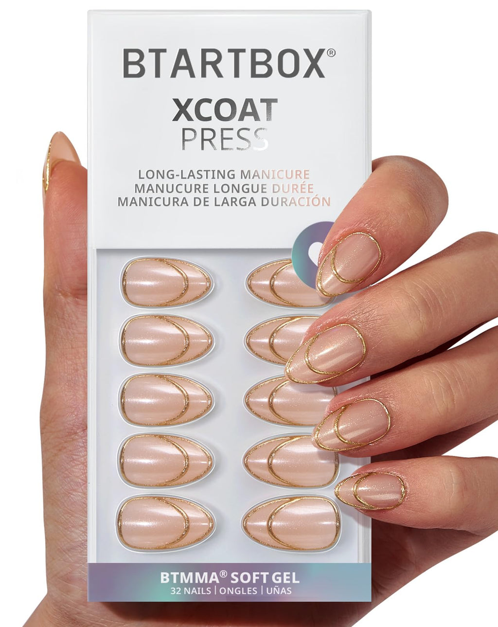 BTArtbox French Tip Press On Nails – Double Gold, Lamp-Curable 3D Gold Line, Short Almond Kit (32 Nails)