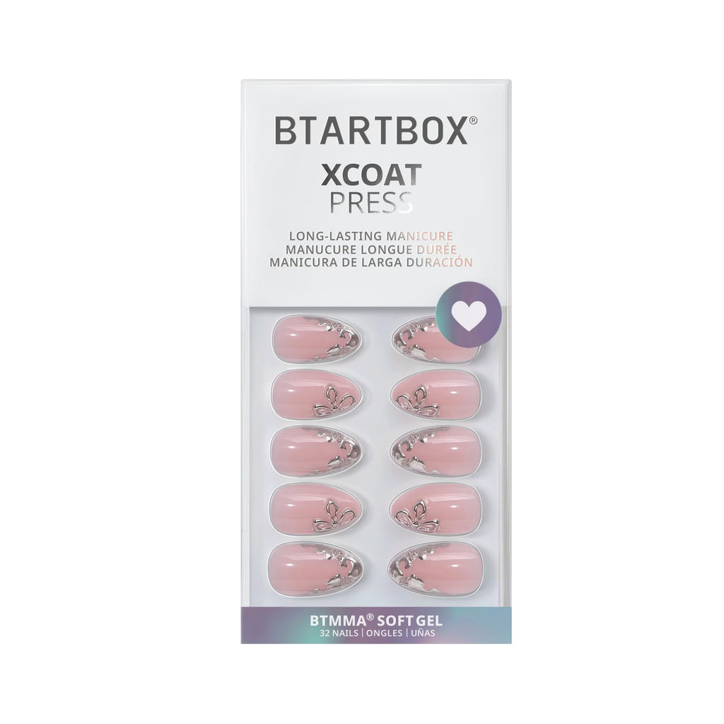 BTArtbox Frost Glam Press On Nails Short – 32-Piece Kit, 16 Sizes, Lamp-Curable 3D Silver Flower Almond Nails
