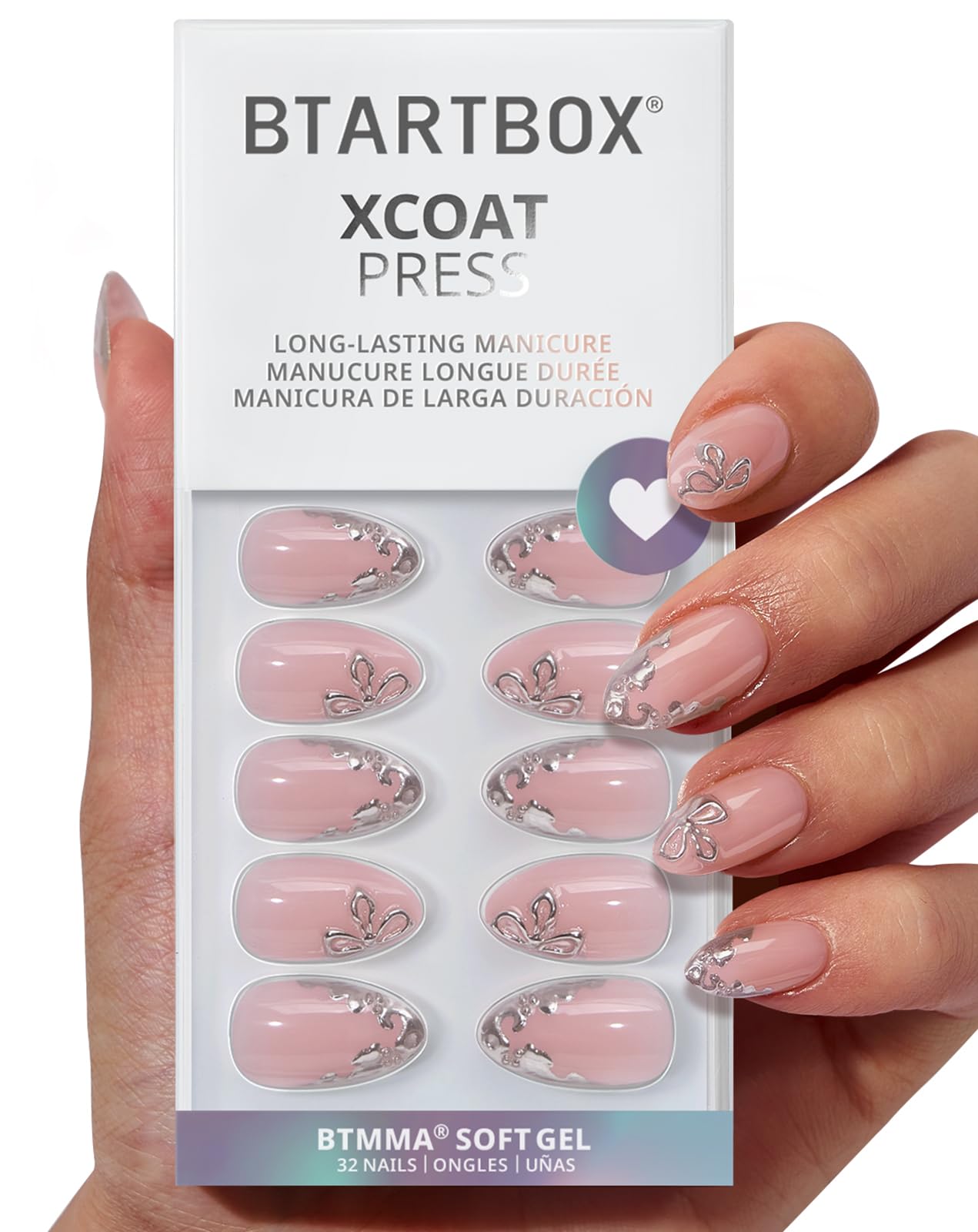 BTArtbox Frost Glam Press On Nails Short – 32-Piece Kit, 16 Sizes, Lamp-Curable 3D Silver Flower Almond Nails