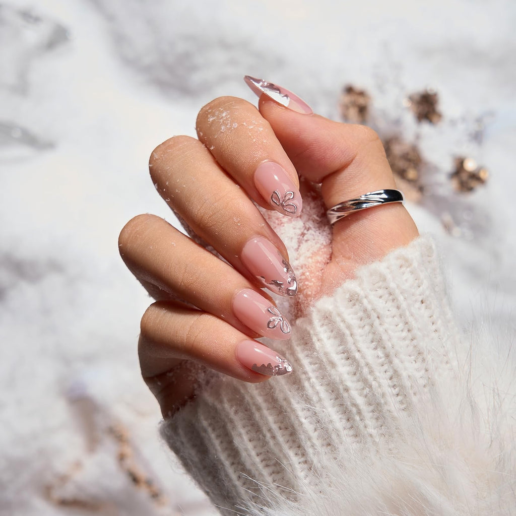 BTArtbox Frost Glam Press On Nails Short – 32-Piece Kit, 16 Sizes, Lamp-Curable 3D Silver Flower Almond Nails