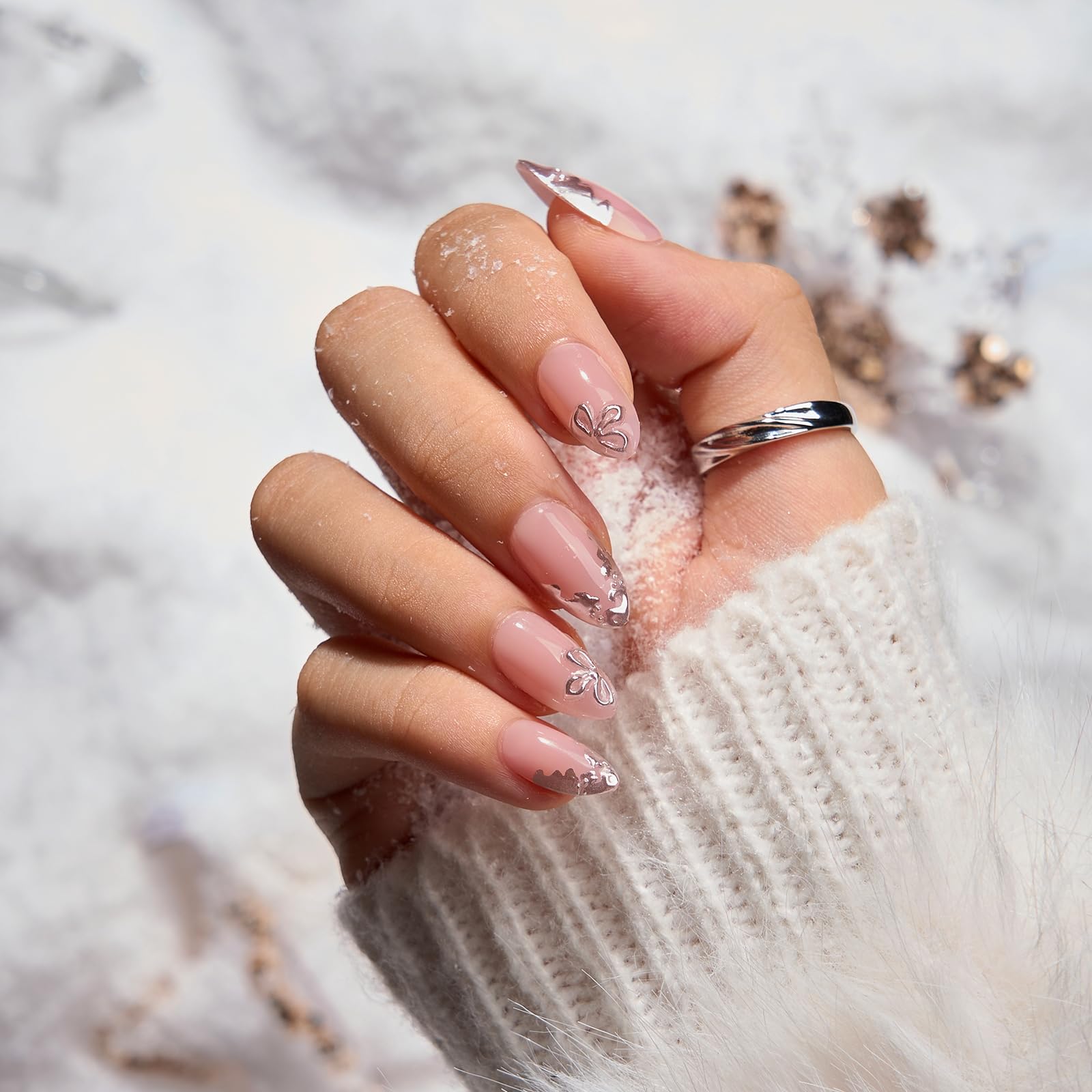 BTArtbox Frost Glam Press On Nails Short – 32-Piece Kit, 16 Sizes, Lamp-Curable 3D Silver Flower Almond Nails
