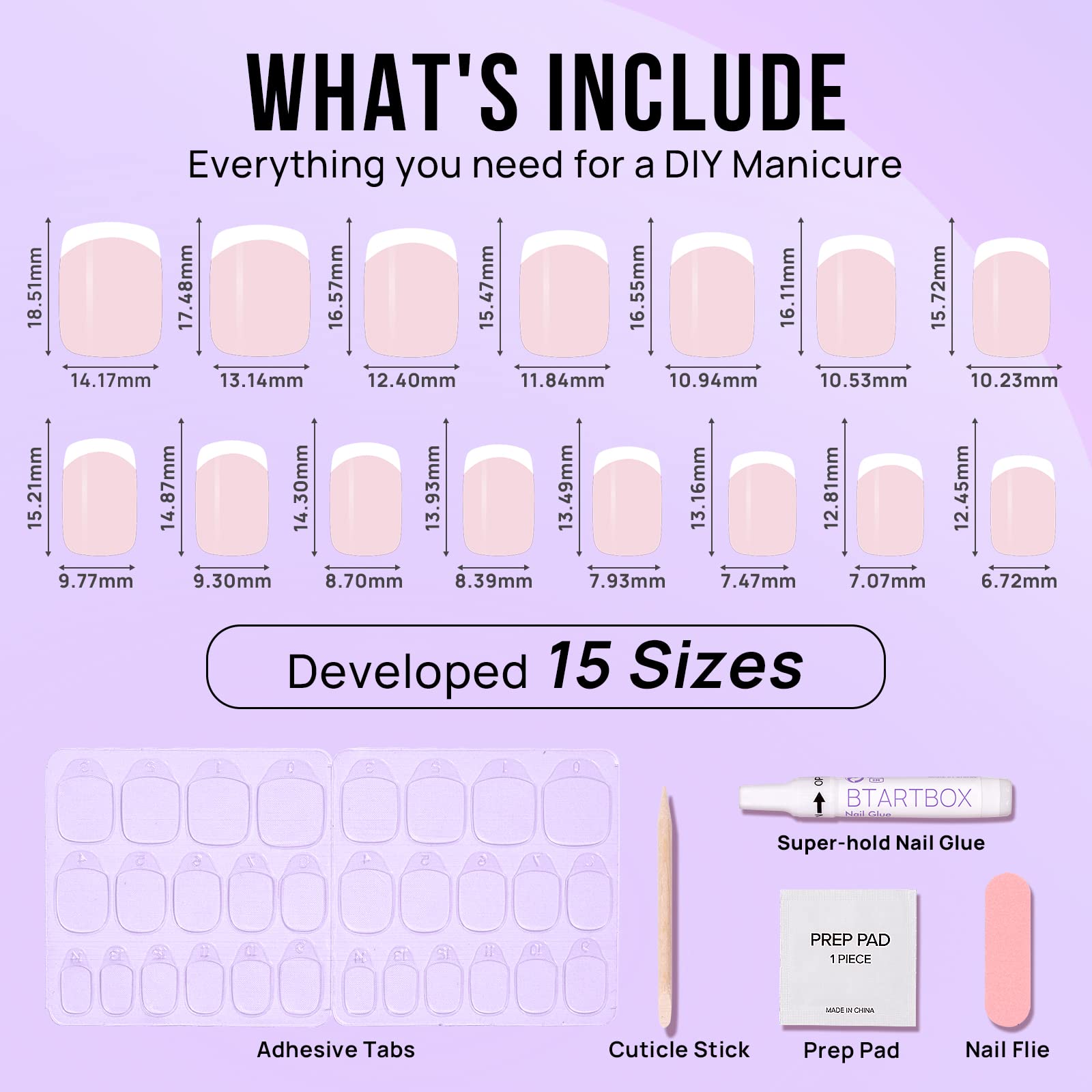 BTArtbox French Tip Press On Nails – Short Gel Nails, 15 Sizes, Classic White