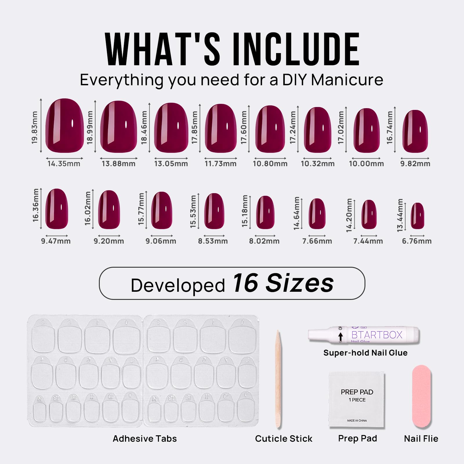 BTArtbox Short Valentines Press On Nails – Red Oval Set, Glue Included, 16 Sizes, 30 Nails