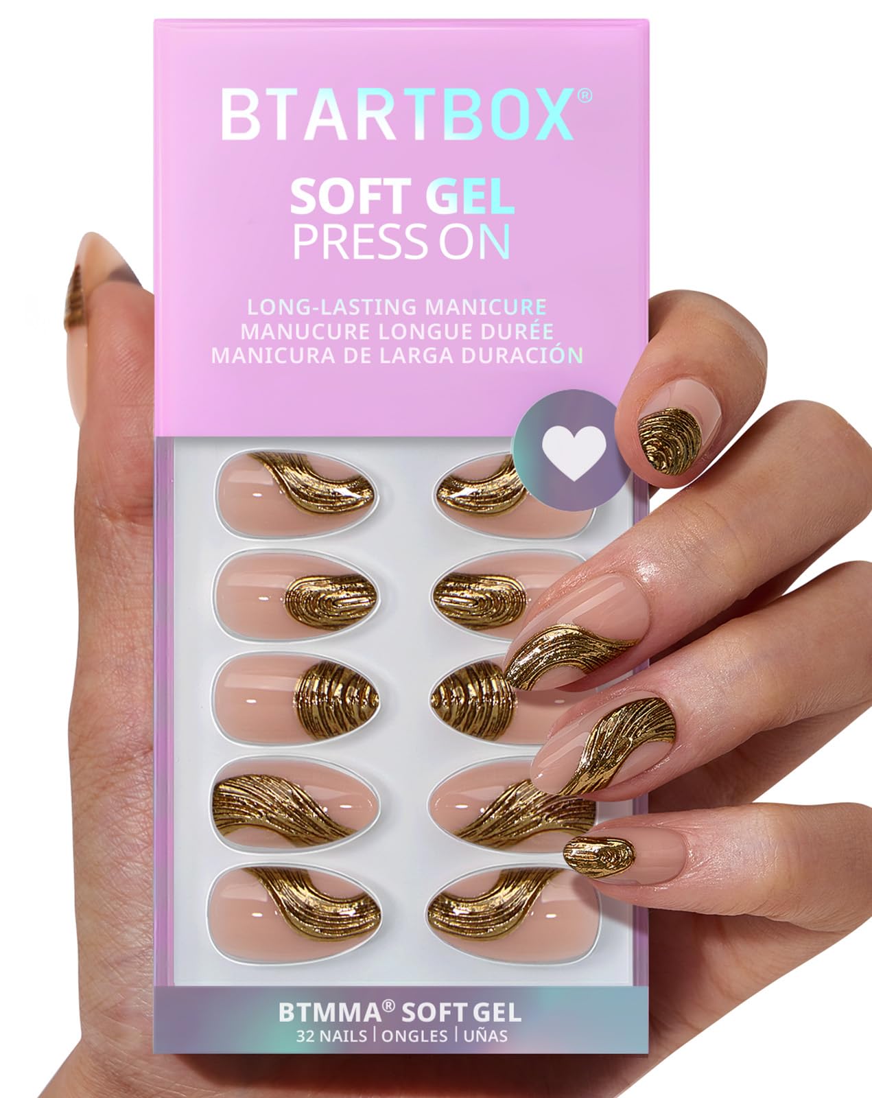 BTArtbox Press On Nails Short Gold Rush – 3D Sculpting Almond, 32 Nails Kit (16 Sizes)