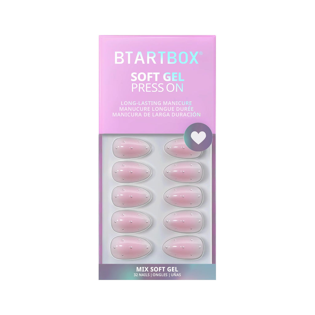 BTArtbox Press On Nails Short - Shy Metal with 3D Pearl Accents in Pink Almond | 32 Nails All-in-One Kit
