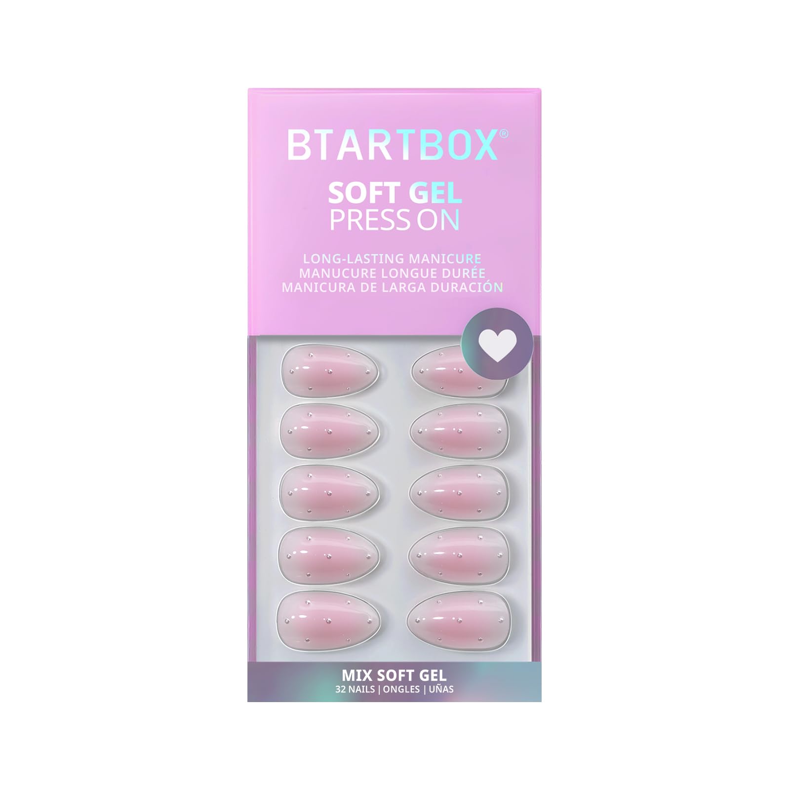 BTArtbox Press On Nails Short - Shy Metal with 3D Pearl Accents in Pink Almond | 32 Nails All-in-One Kit