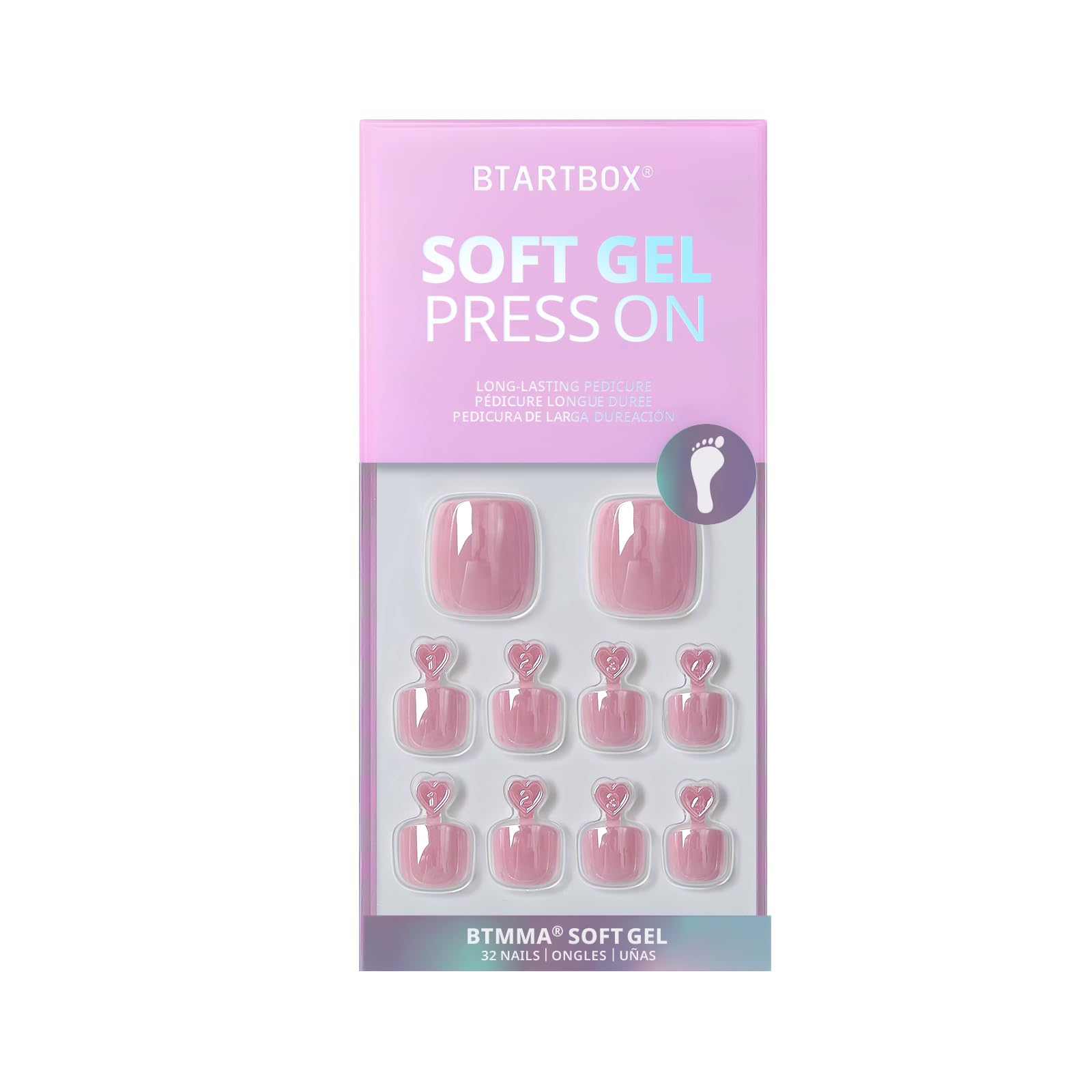 BTArtbox Chrome Press On Toenails – Pink Short Square, 32 Nails Kit (16 Sizes) | Honey Trap