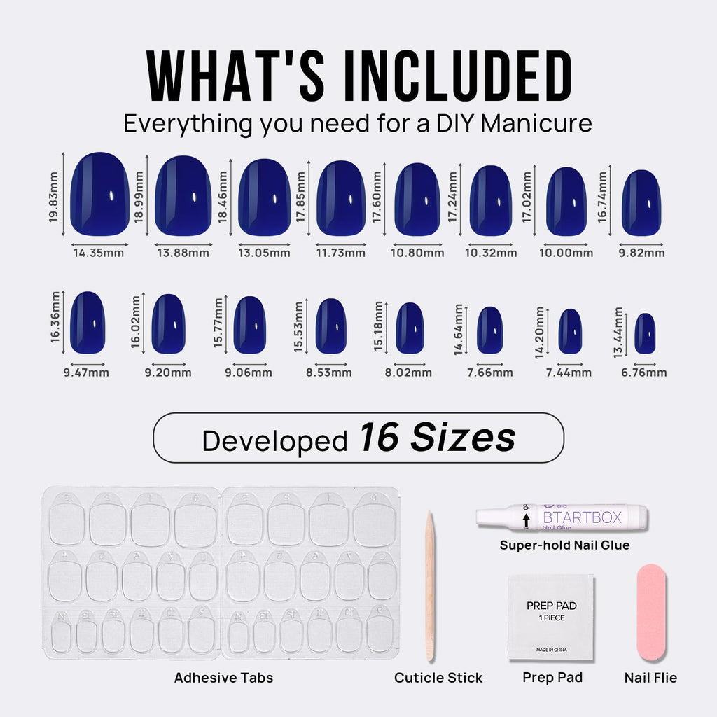BTArtbox Mystic Navy Blue Short Oval Press On Nails | Soft Gel & Glue Kit
