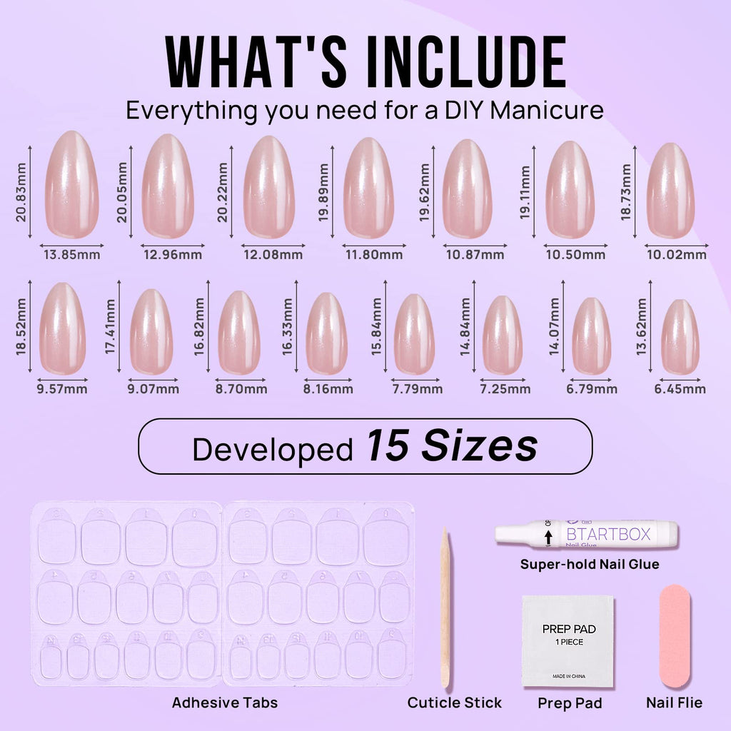 BTArtbox Almond Press On Nails Nudies – 30 Nails, 15 Sizes, Gel-Based, Glossy Nude
