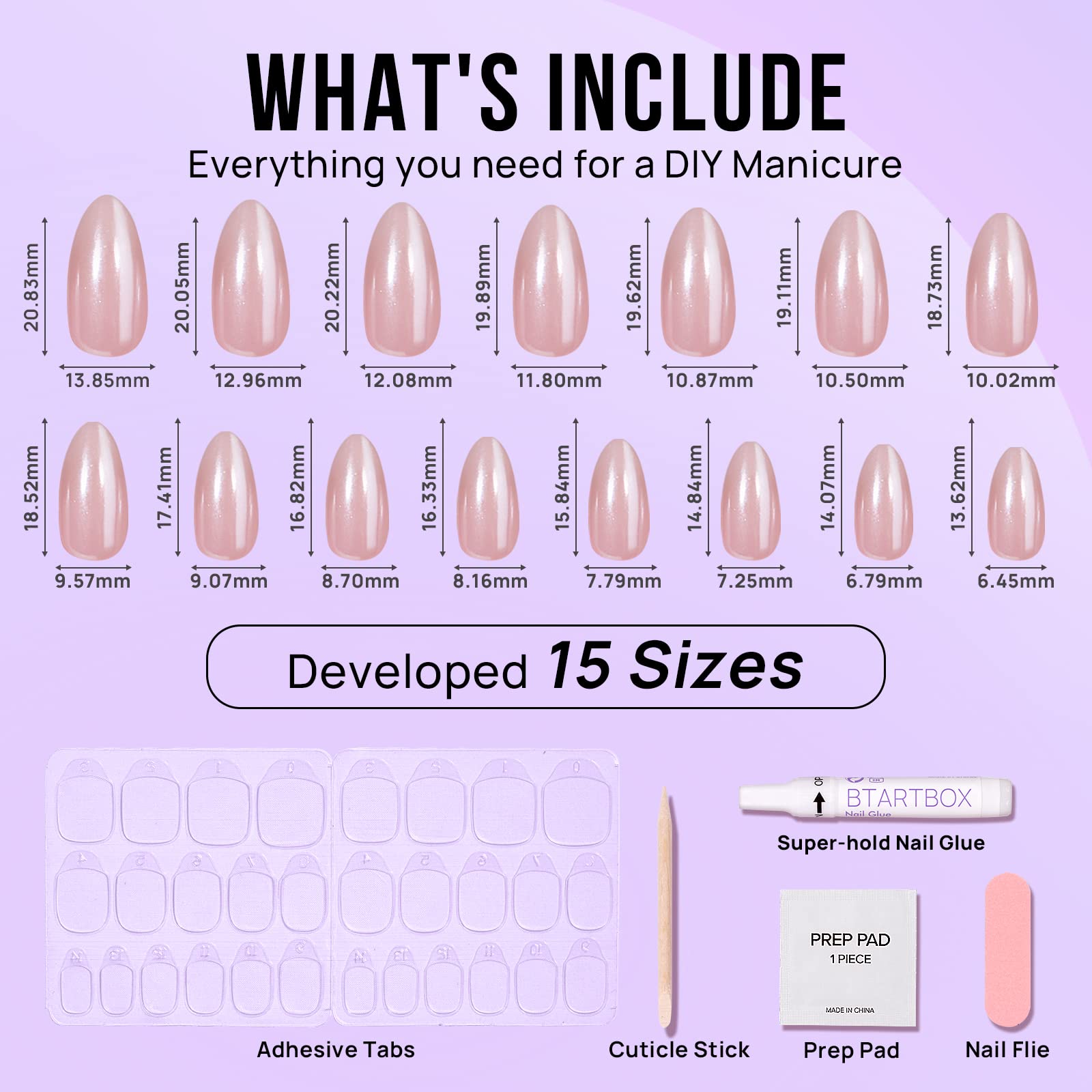 BTArtbox Almond Press On Nails Nudies – 30 Nails, 15 Sizes, Gel-Based, Glossy Nude