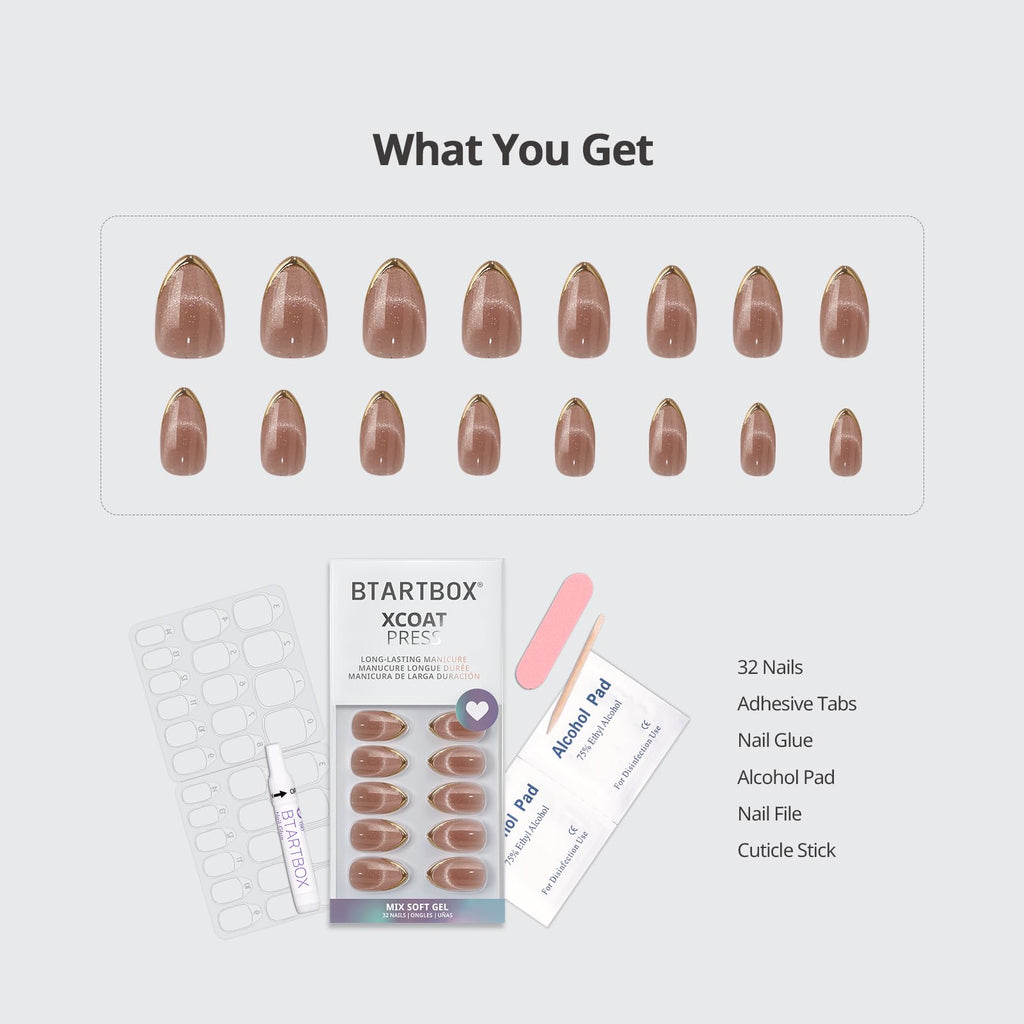 BTArtbox Press On Nails Short – Gold Drops Cat Eye Almond Kit (32 Nails, Glue & Tabs)