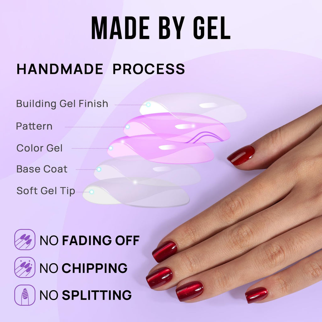 BTArtbox Press On Nails Red Cat Eye – Glossy Square Nails Kit, 30 Nails, 15 Sizes, Glue Included
