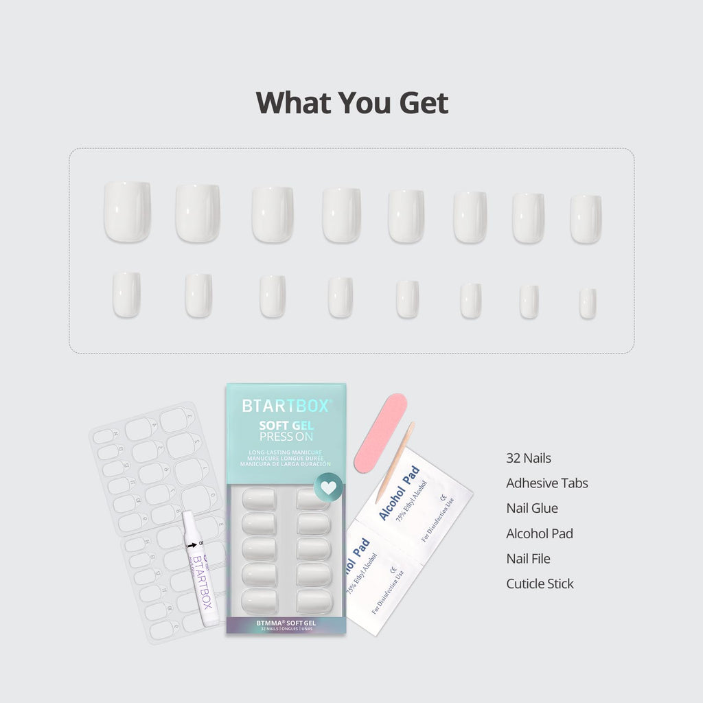 BTArtbox Press On Nails Square - Pastel White Short Kit with Glue, 32 Nails (16 Sizes) + Note Book