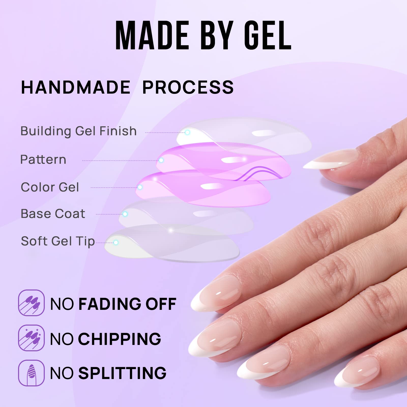 BTArtbox Short Almond French Tip Press On Nails – 32 Nails Kit with Glue, 16 Sizes