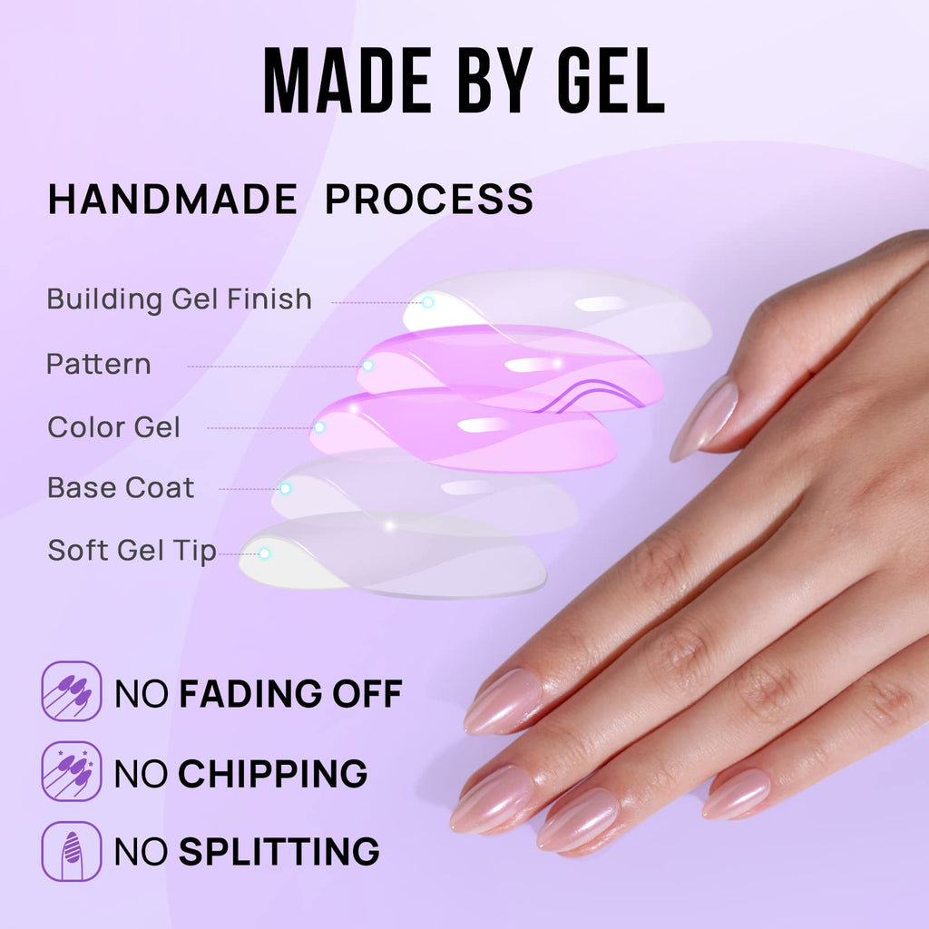 BTArtbox Almond Press On Nails Nudies – 30 Nails, 15 Sizes, Gel-Based, Glossy Nude
