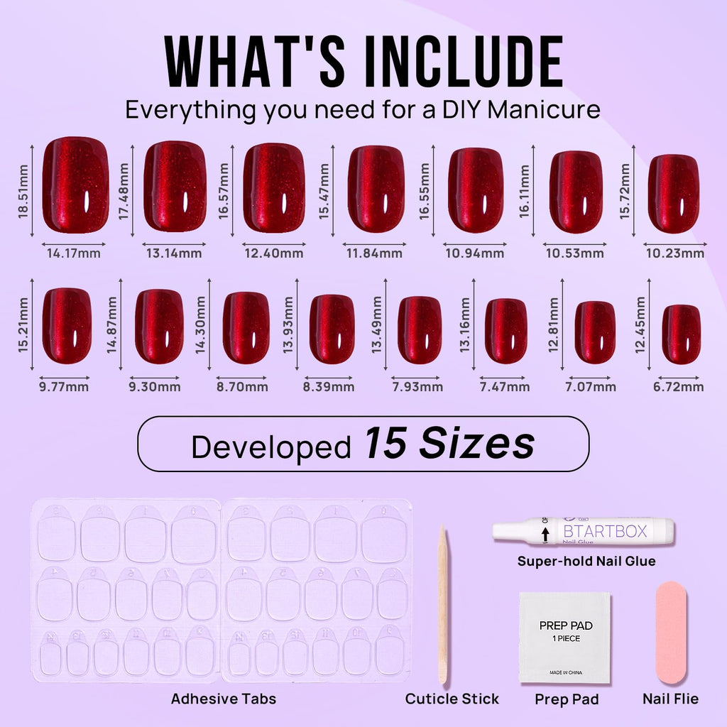 BTArtbox Press On Nails Red Cat Eye – Glossy Square Nails Kit, 30 Nails, 15 Sizes, Glue Included