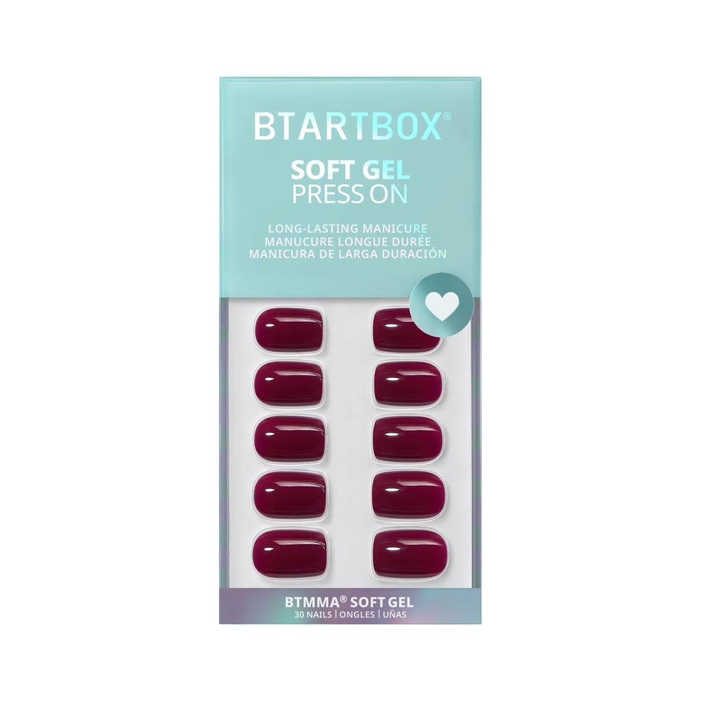 BTArtbox Press On Nails Short Plum Red Squoval – Glue Included, 30-Nail Kit (Blackberry)