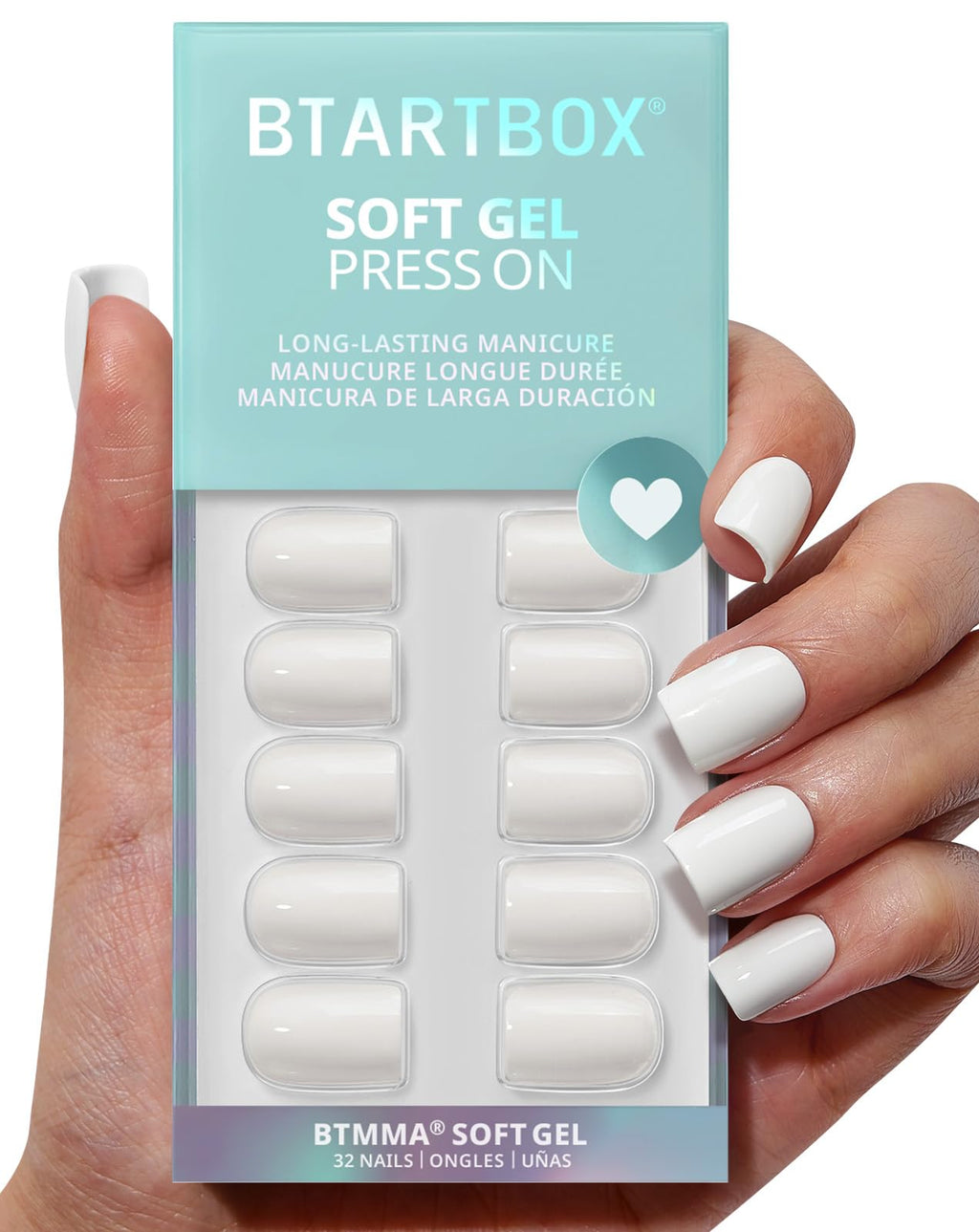 BTArtbox Press On Nails Square - Pastel White Short Kit with Glue, 32 Nails (16 Sizes) + Note Book