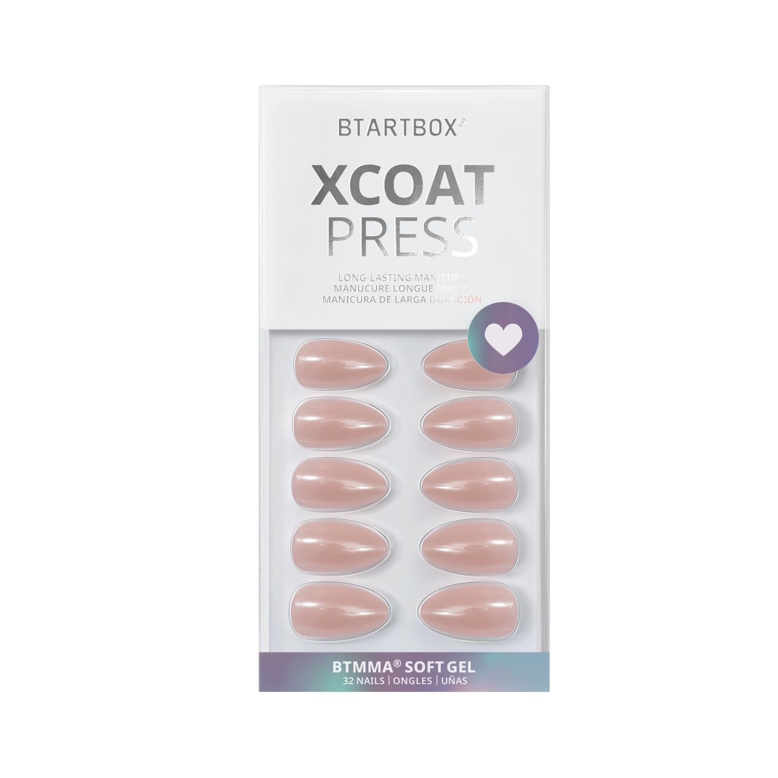 BTArtbox Almond Press On Nails Nudies – 30 Nails, 15 Sizes, Gel-Based, Glossy Nude