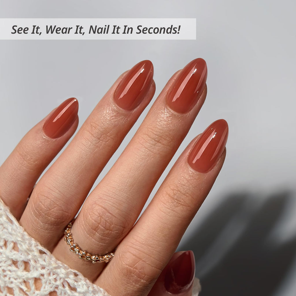 BTArtbox Press On Nails Short Almond – Tea Brown Hue, 32-Piece Kit with Gel Glue